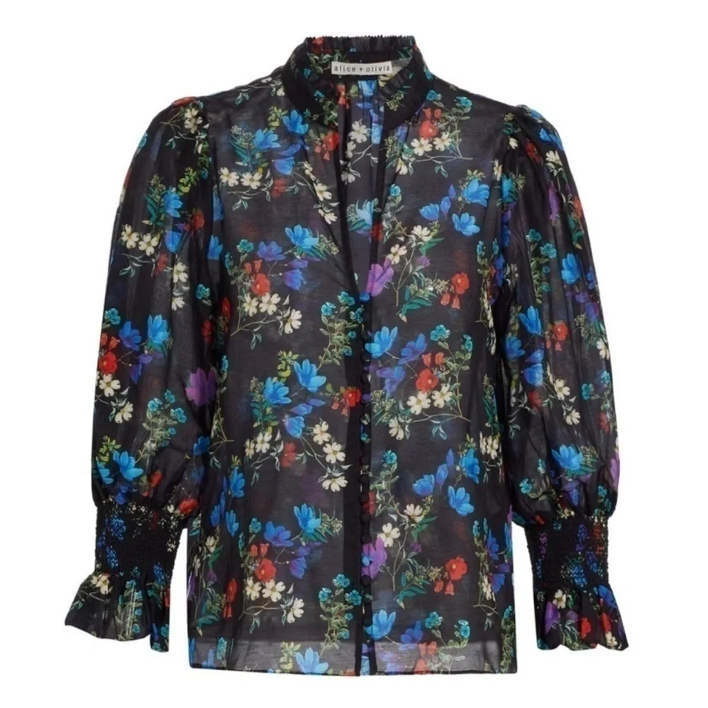 Alice & Olivia llan Silk Floral Long Sleeve button-down, semi sheer blouse Small_3